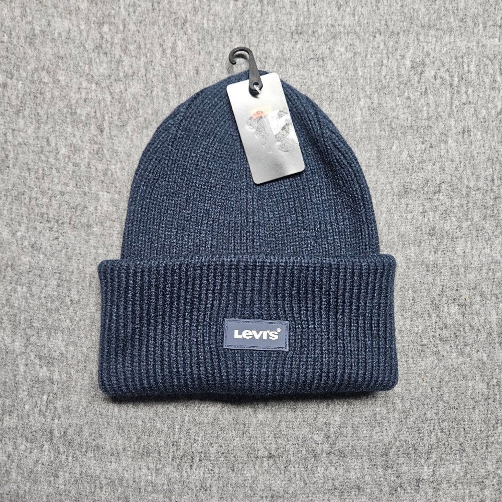 Levi's Beanie Hat Mens OS Navy Blue Ribbed Knit Cuffed Logo Patch Winter Cap